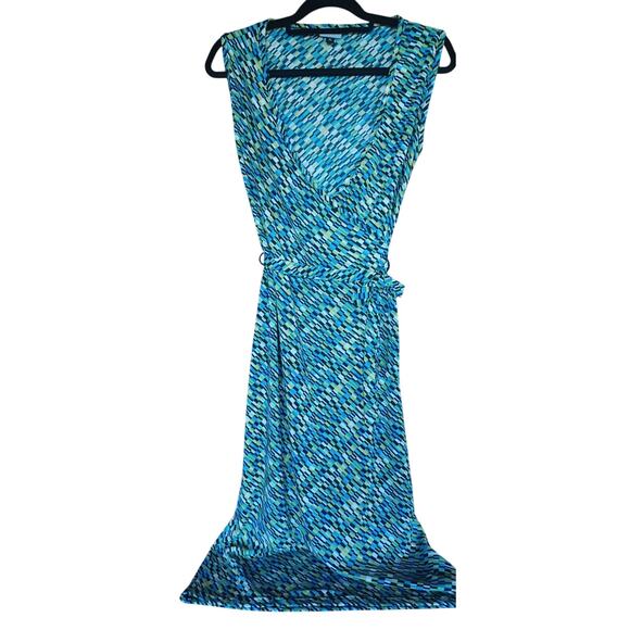 VTG Boheme Faux Wrap Midi Dress Womens Medium Blue Green Geometric Design Office - Picture 1 of 6